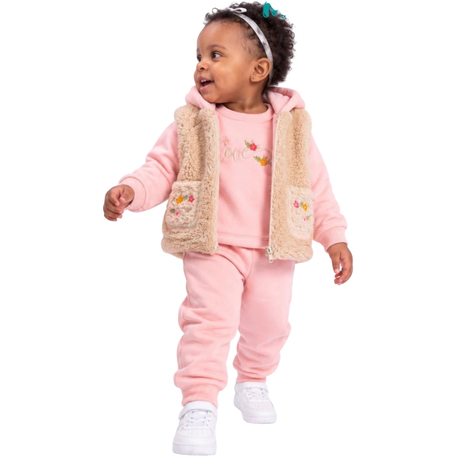 Çiçek Nakışlı Peluş Yelekli, Sweatshirt ve Eşofman Altlı 3'lü Kız Bebek Kışlık Takım