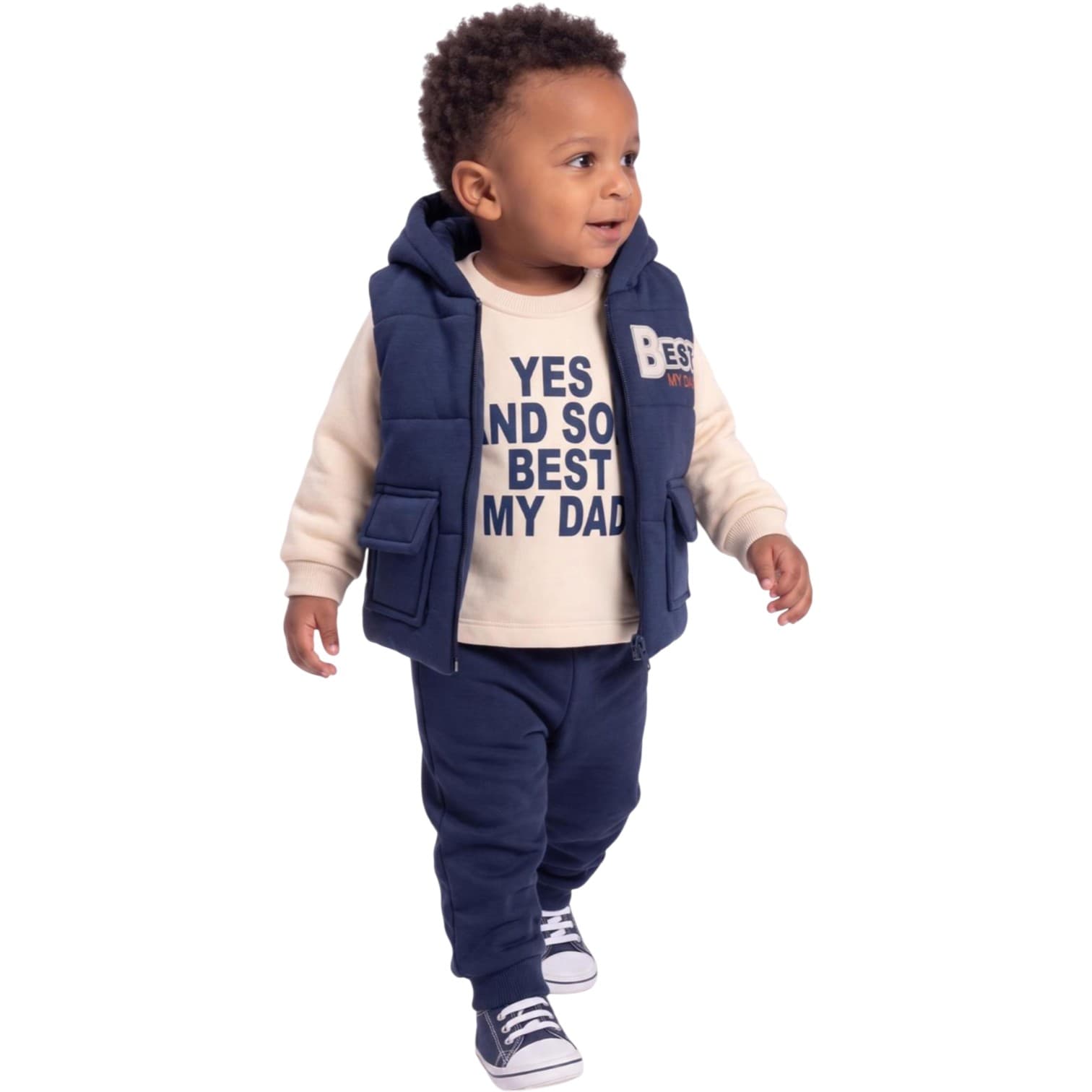 Yazı Baskılı Sweatshirt, Kapüşonlu Cepli Yelekli ve Eşofman Altlı 3'lü Erkek Bebek Takım