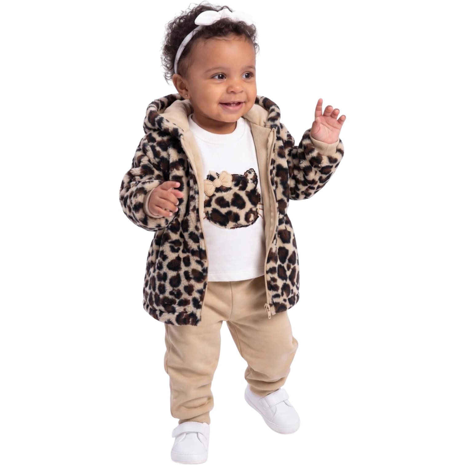 Leopar Desenli Peluş Kapüşonlu Hırka, Kedi Aplikeli Sweatshirt ve Pantolonlu 3'lü Bebek Takımı