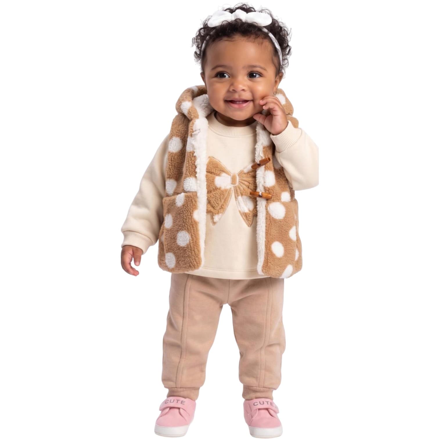 Puantiyeli Peluş Yelekli ve Fiyonk Aplikeli Sweatshirt Pantolonlu 3'lü Bebek Takımı