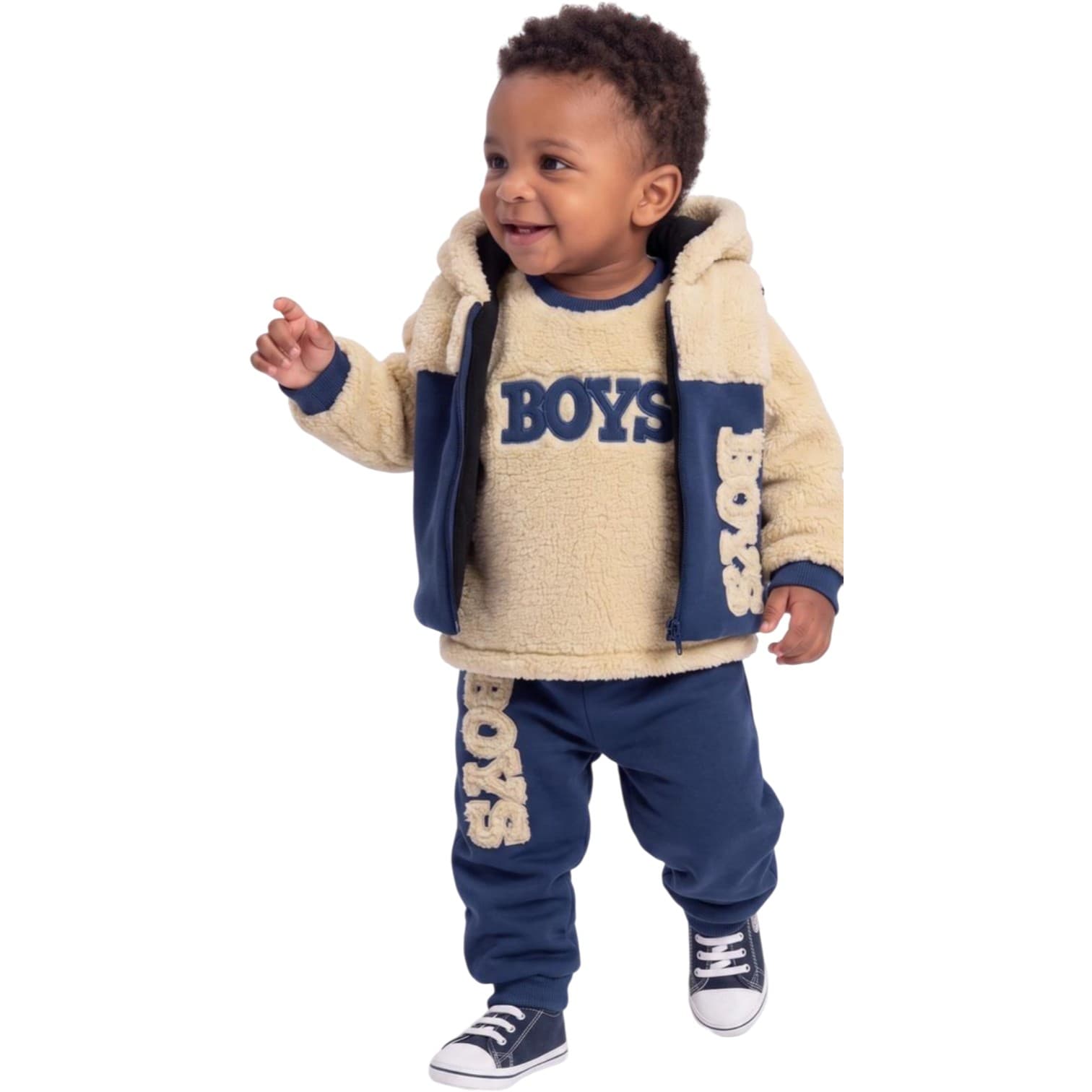Yazı Nakışlı Peluş Yelekli, Sweatshirt ve Eşofman Altlı 3'lü Erkek Bebek Kışlık Takım