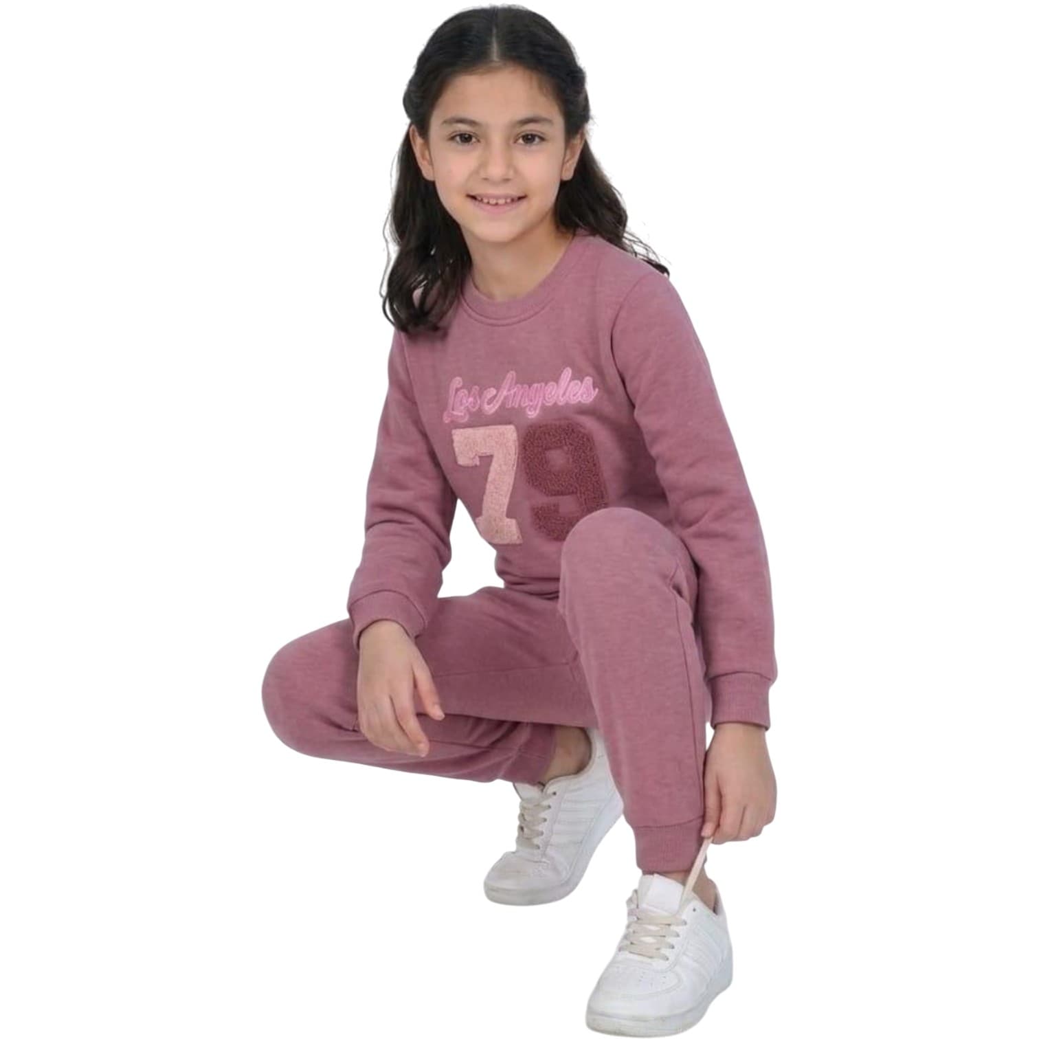 Kız Çocuk Yazı Baskılı, Peluş Numara Aplikeli Sweatshirt ve Eşofman Altı İkili Takım