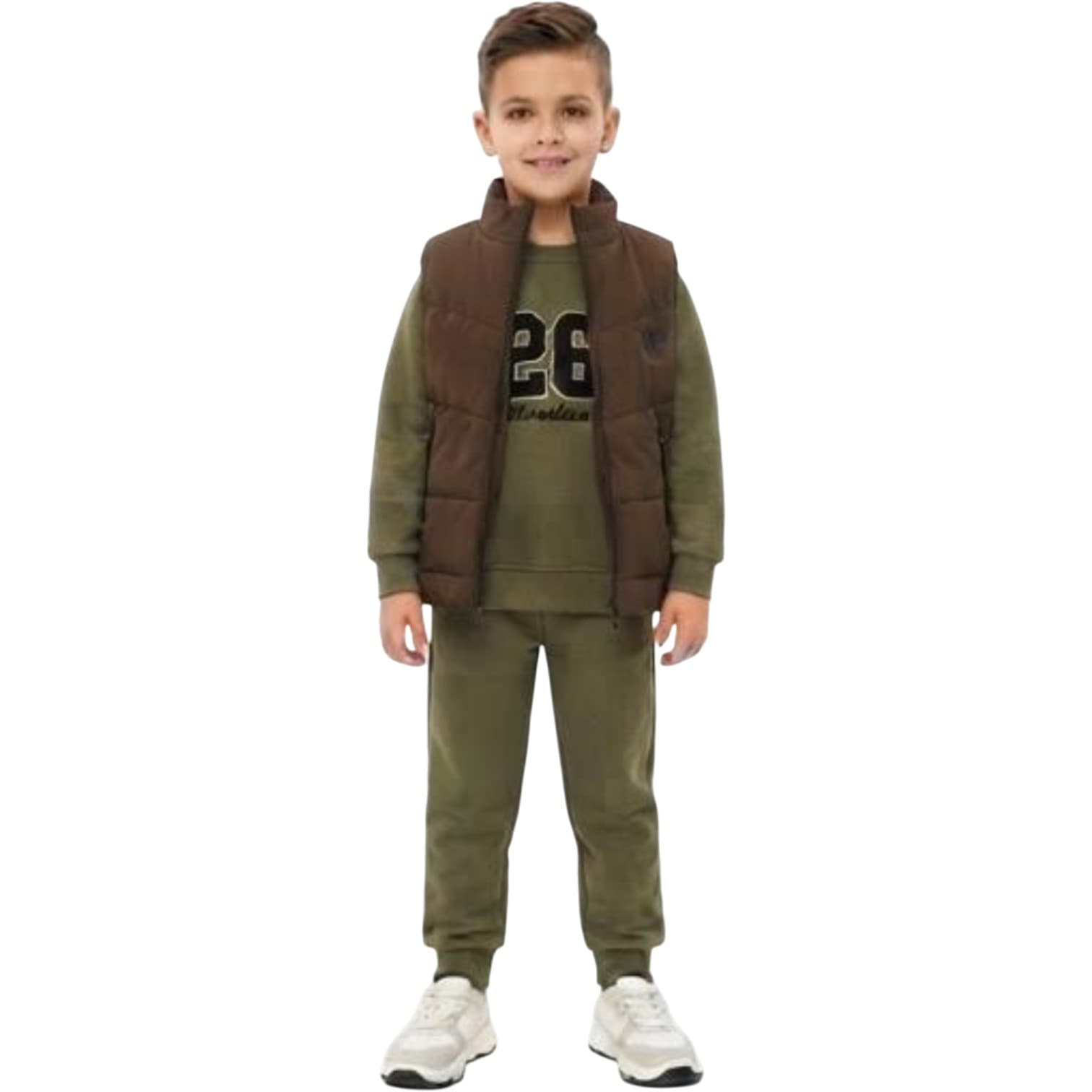 Erkek Çocuk Dik Yaka Şişme Yelekli, Numara Baskılı Sweatshirt ve Eşofman Altı 3'lü Takım