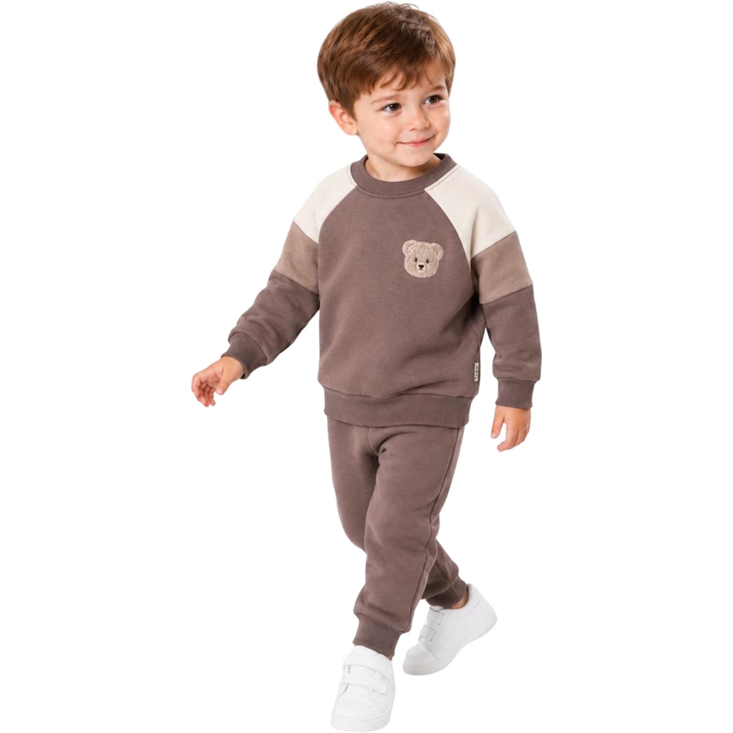 Bebek ve Çocuk Ayıcık Nakışlı Renk Bloklu Sweatshirt ve Eşofman Altı İkili Takım