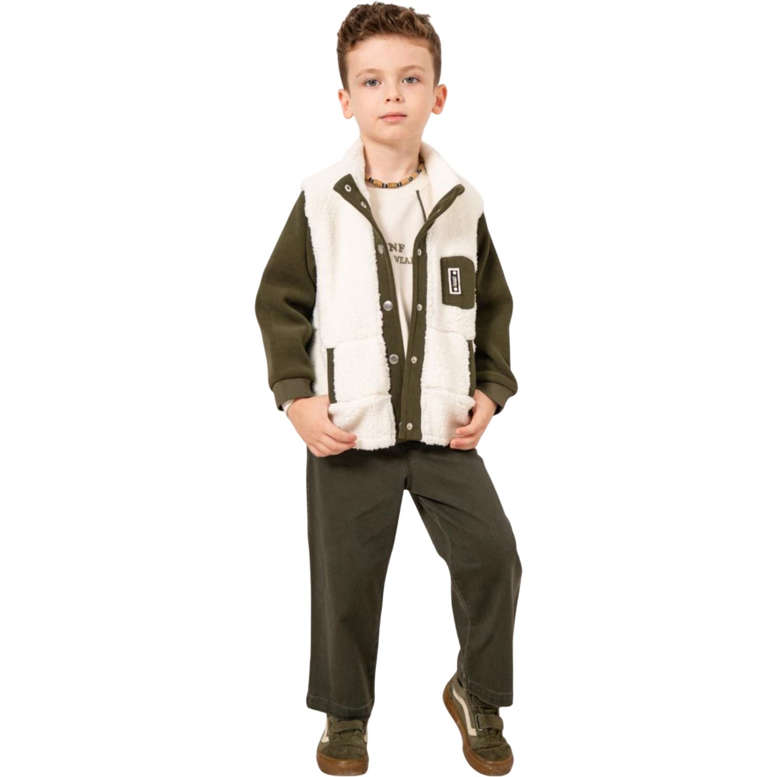 Erkek Çocuk Peluş Yelekli, Tipografi Baskılı Sweatshirt ve Pantolonlu 3'lü Takım