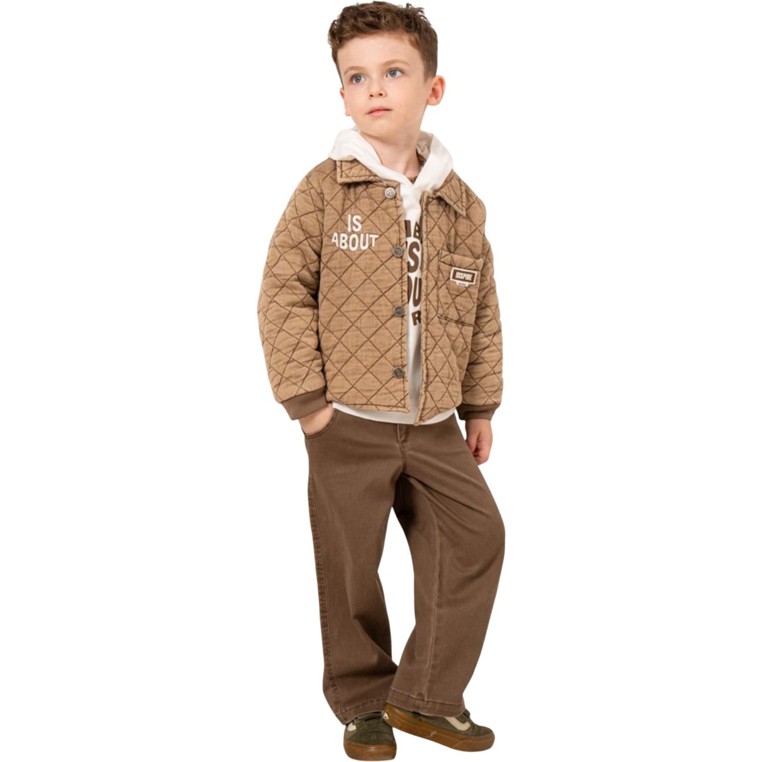 Erkek Çocuk Kapitone Dikişli Kot Ceketli, Kapüşonlu Baskılı Sweatshirt ve Pantolonlu 3'lü Takım