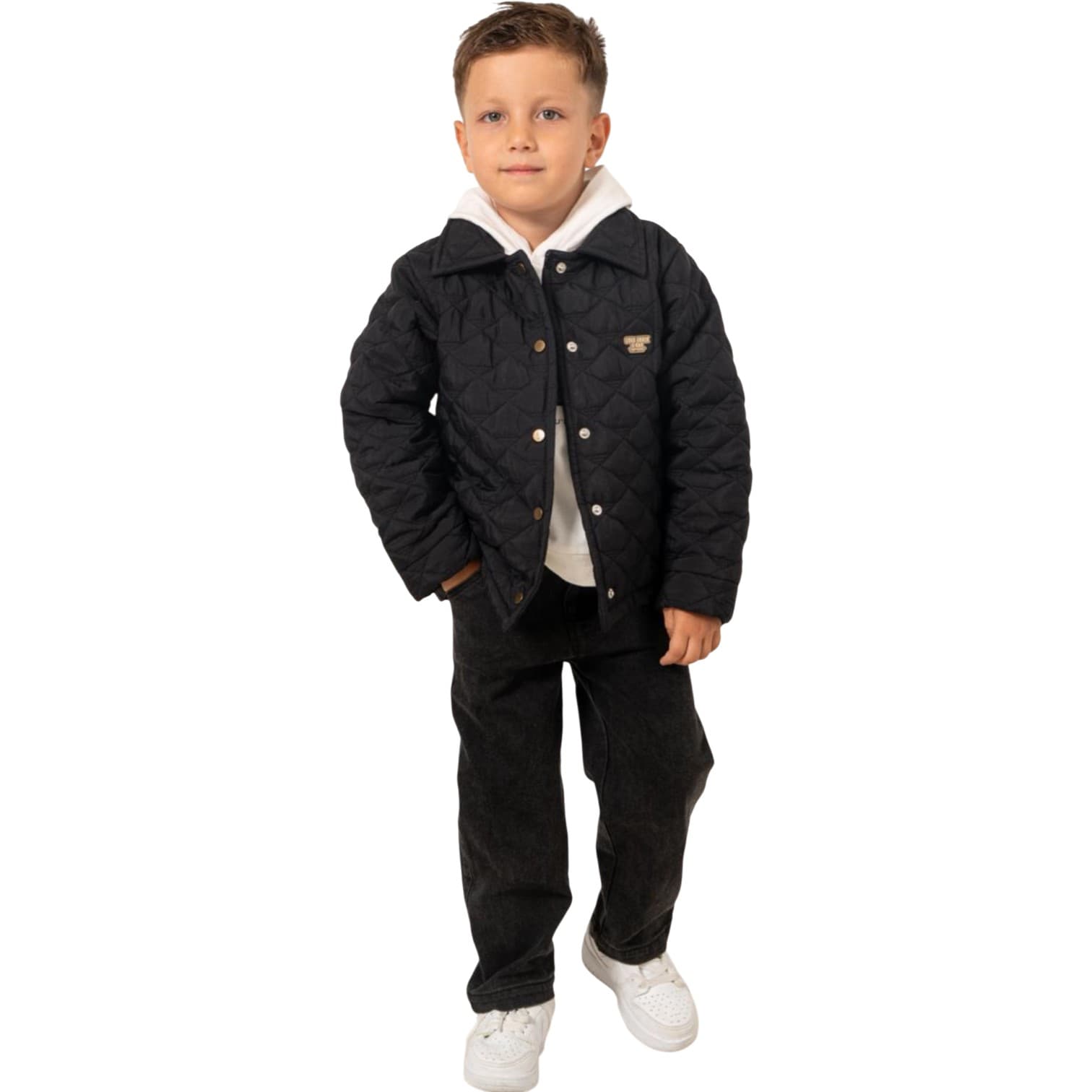 Erkek Çocuk İçi Peluş Astarlı Kapitone Ceketli, Kapüşonlu Baskılı Sweatshirt ve Kanvas Pantolonlu 3'lü Takım