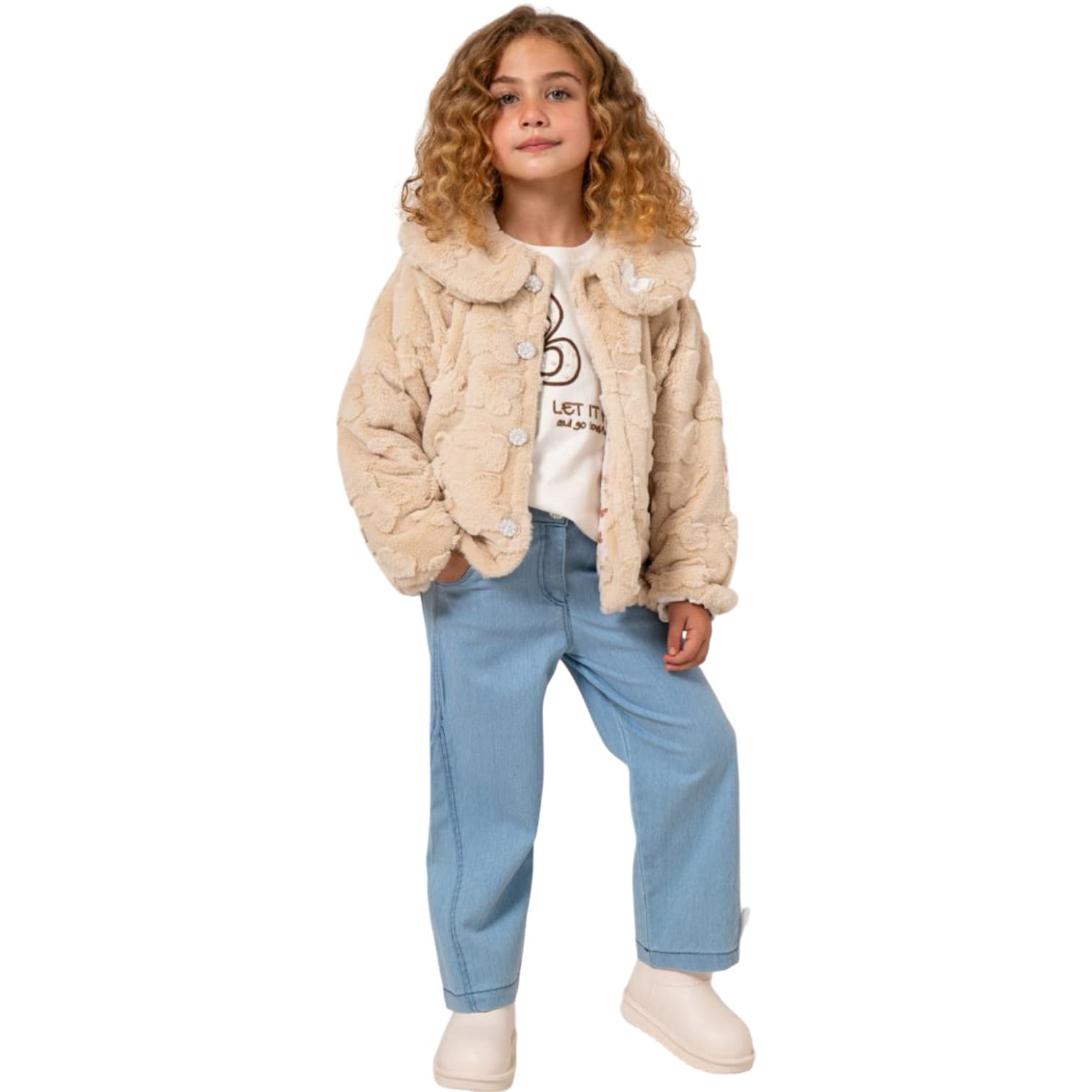 Kız Çocuk Bebe Yakalı Peluş Ceketli, Baskılı Tişört ve Rahat Kesim Kot Pantolonlu 3'lü Takım