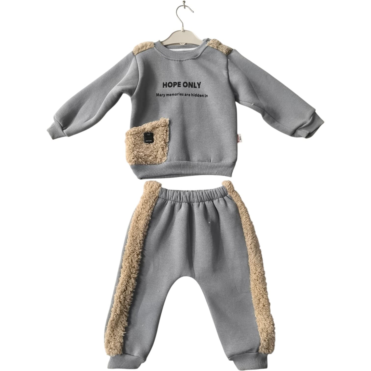 Bebek/Çocuk Peluş Garnili, Tipografi Baskılı Sweatshirt ve Yanları Peluş Şeritli Eşofman Altı 2'li Takım
