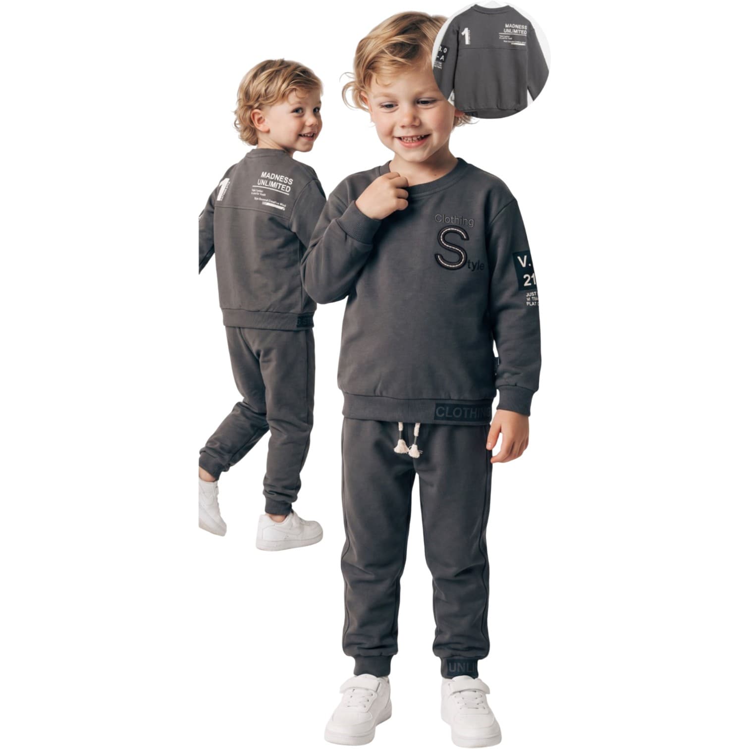 Erkek Çocuk Harf ve Rakam Baskılı Tipografik Sweatshirt ve Beli Bağcıklı Eşofman Altı 2'li Takım