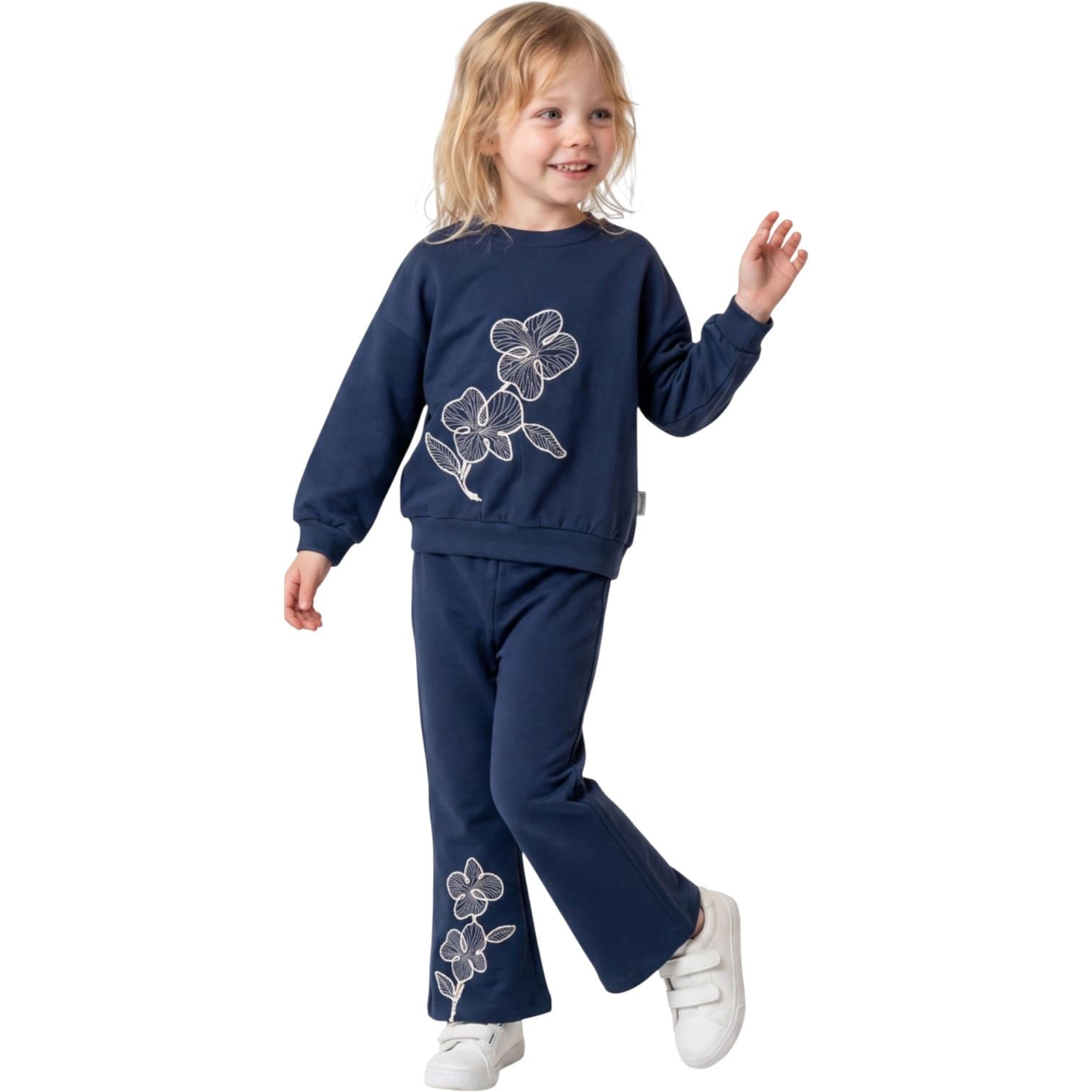 Kız Çocuk Kontur Çiçek Nakışlı Sweatshirt ve İspanyol Paça Pantolonlu 2'li Takım
