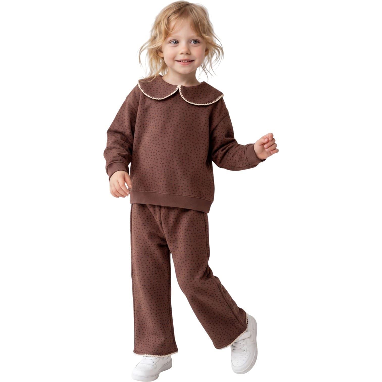 Kız Çocuk Bebe Yakalı, Minik Puantiye Desen Baskılı Sweatshirt ve Bol Paça Pantolonlu 2'li Takım