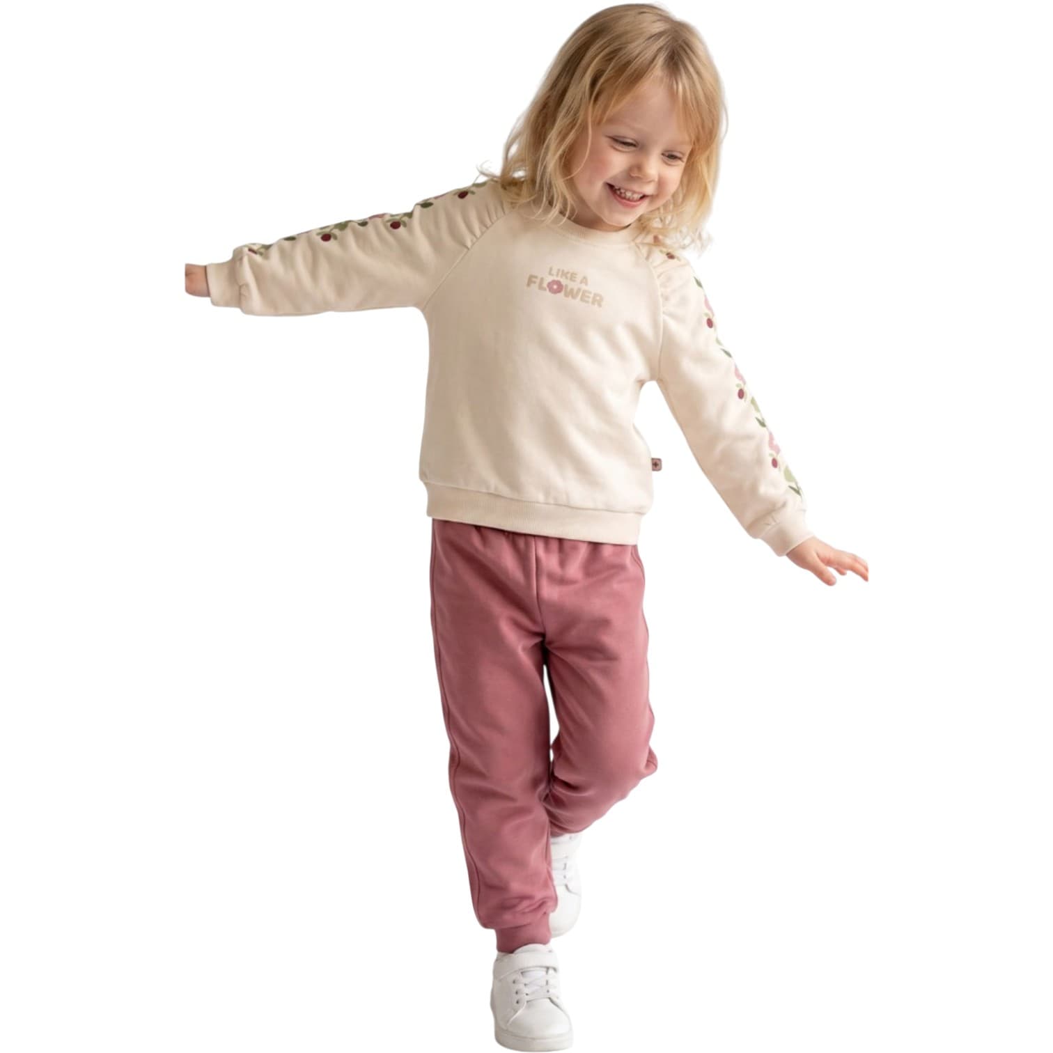 Kız Çocuk Kolları Çiçek Nakışlı, Omuzları Büzgülü Sweatshirt ve Beli Lastikli Eşofman Altı 2'li Takım