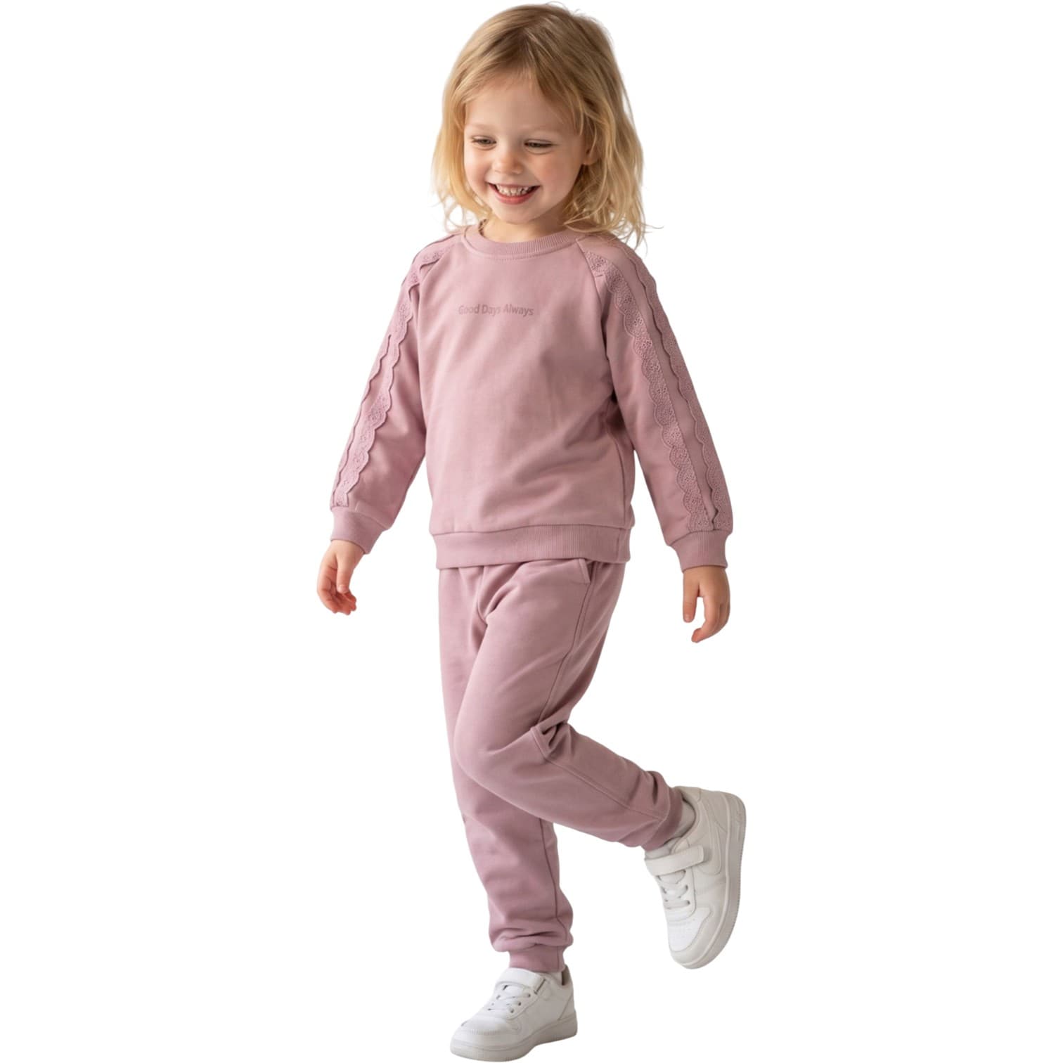 Kız Çocuk Kolları Dantel Şerit Detaylı, Minimal Yazı Baskılı Sweatshirt ve Eşofman Altı 2'li Takım