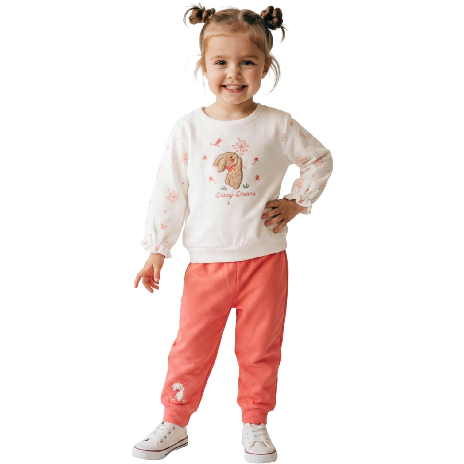 Tavşan Nakışlı ve Çiçek Baskılı Sweatshirt ile Paçası Nakışlı Jogger Eşofman Altlı 2'li Kız Bebek/Çocuk Takım
