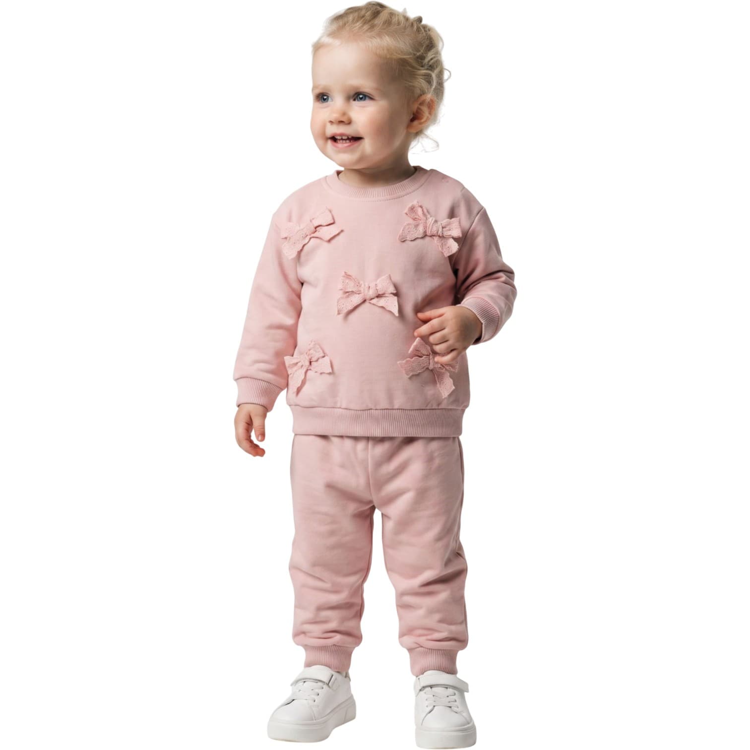 Kız Bebek/Çocuk Çoklu Fiyonk Aplikeli Sweatshirt ve Beli Lastikli Eşofman Altı 2'li Takım