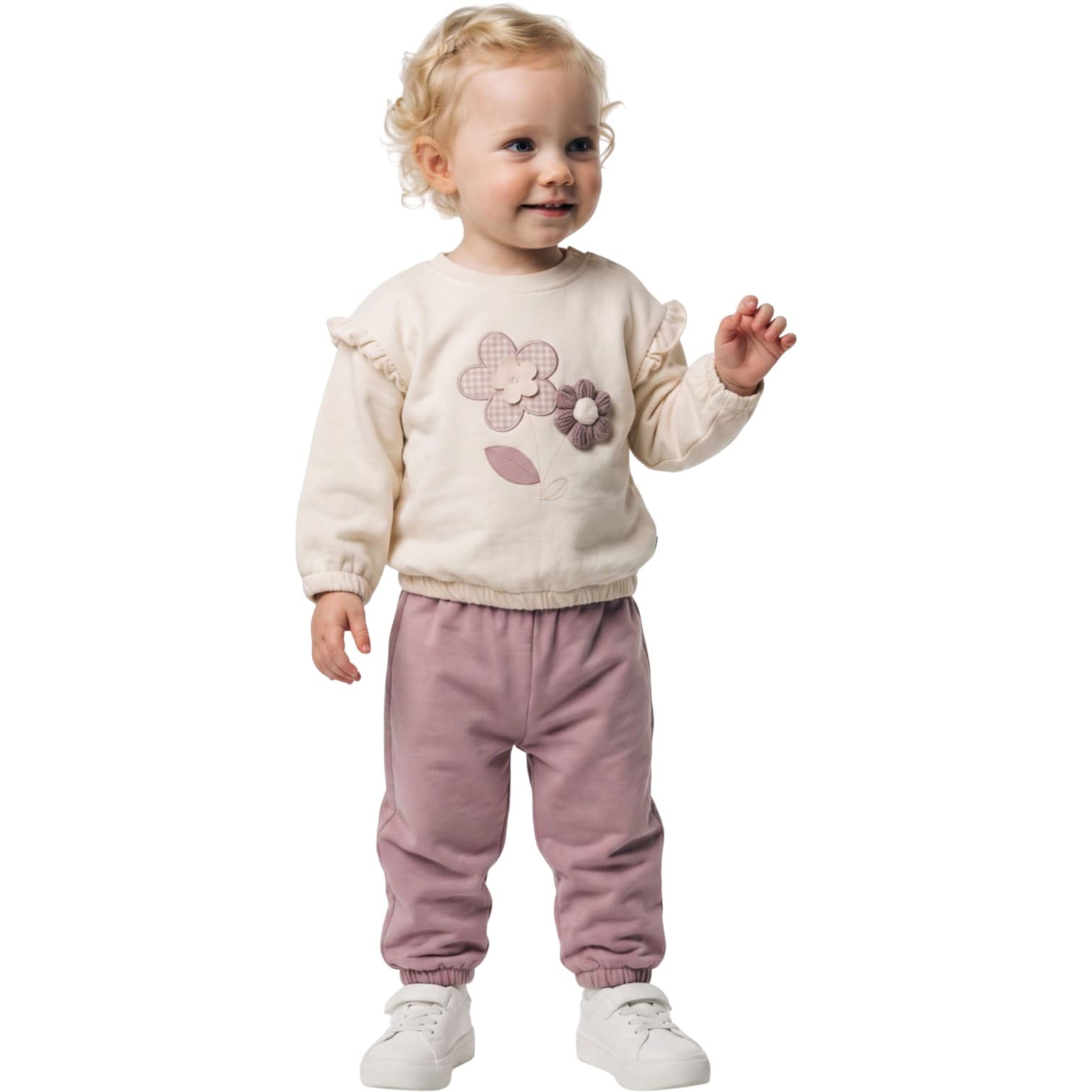 Kız Bebek/Çocuk Omuzları Fırfırlı, Çiçek Aplikeli Sweatshirt ve Beli Lastikli Eşofman Altı 2'li Takım