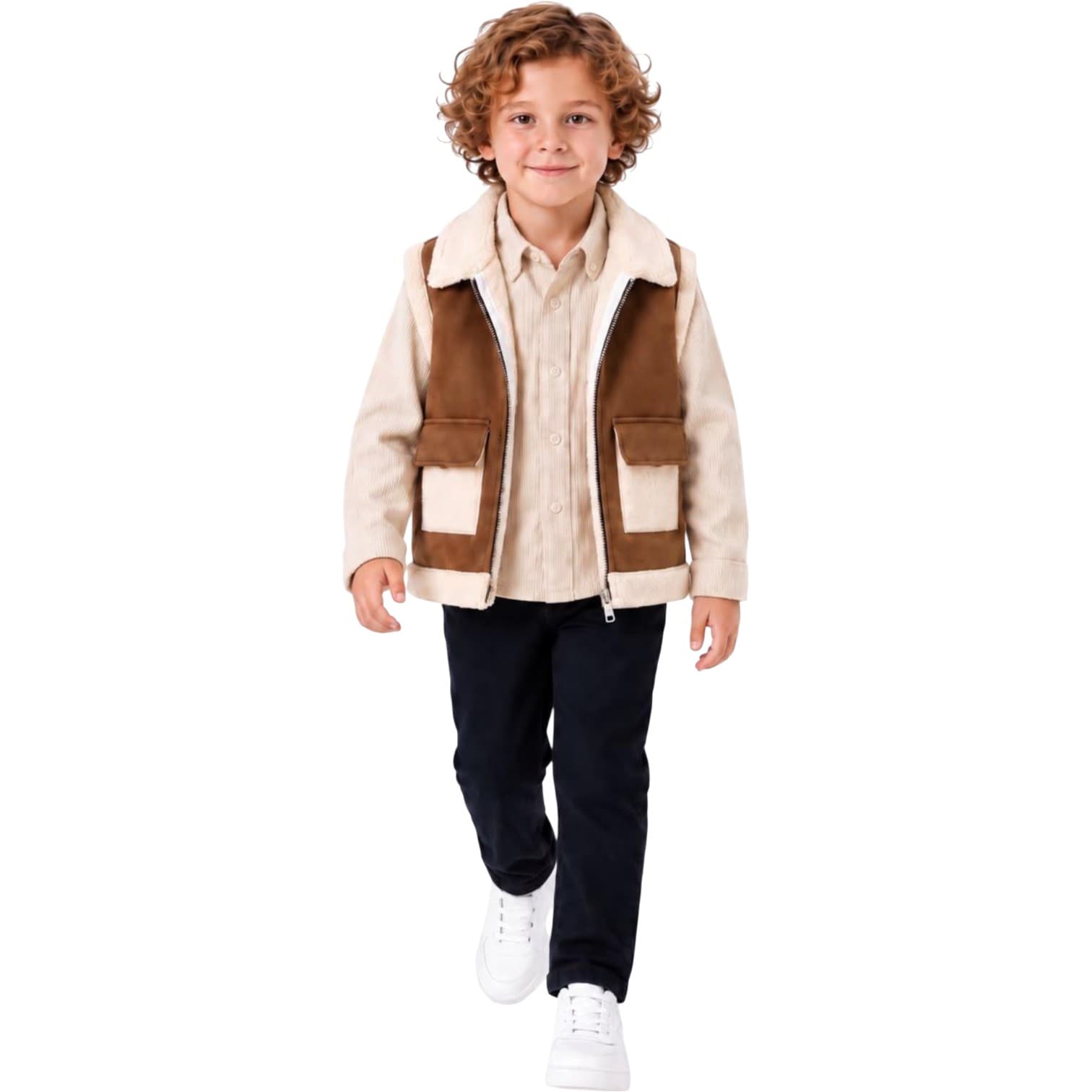 Kürklü Yaka Yelek, Fitilli Kadife Gömlek ve Pantolondan Oluşan 3'lü Erkek Çocuk Takım