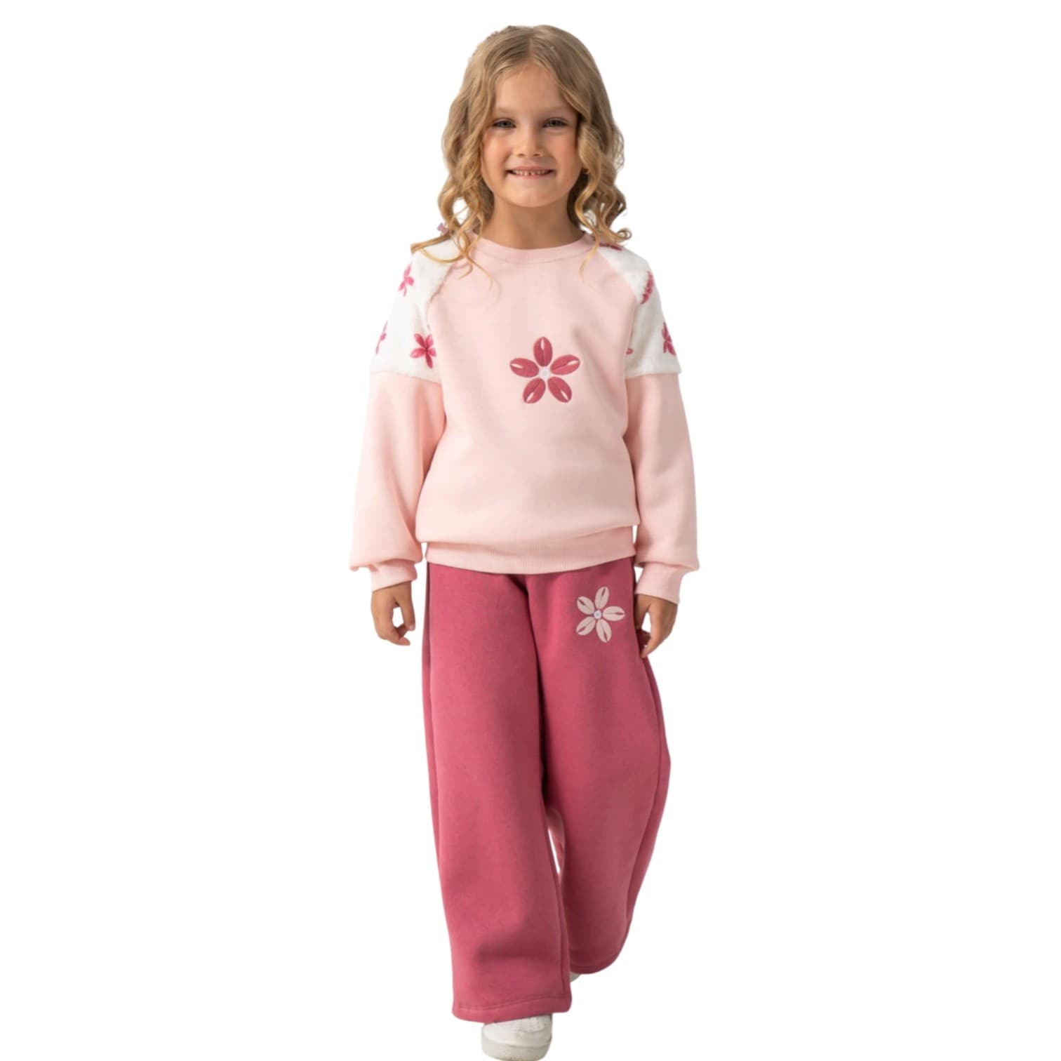 Çiçek Baskılı Peluş Omuz Detaylı Bisiklet Yaka Polar Sweatshirt ve Bol Paça Pantolonlu 2'li Kız Çocuk Polar Takım