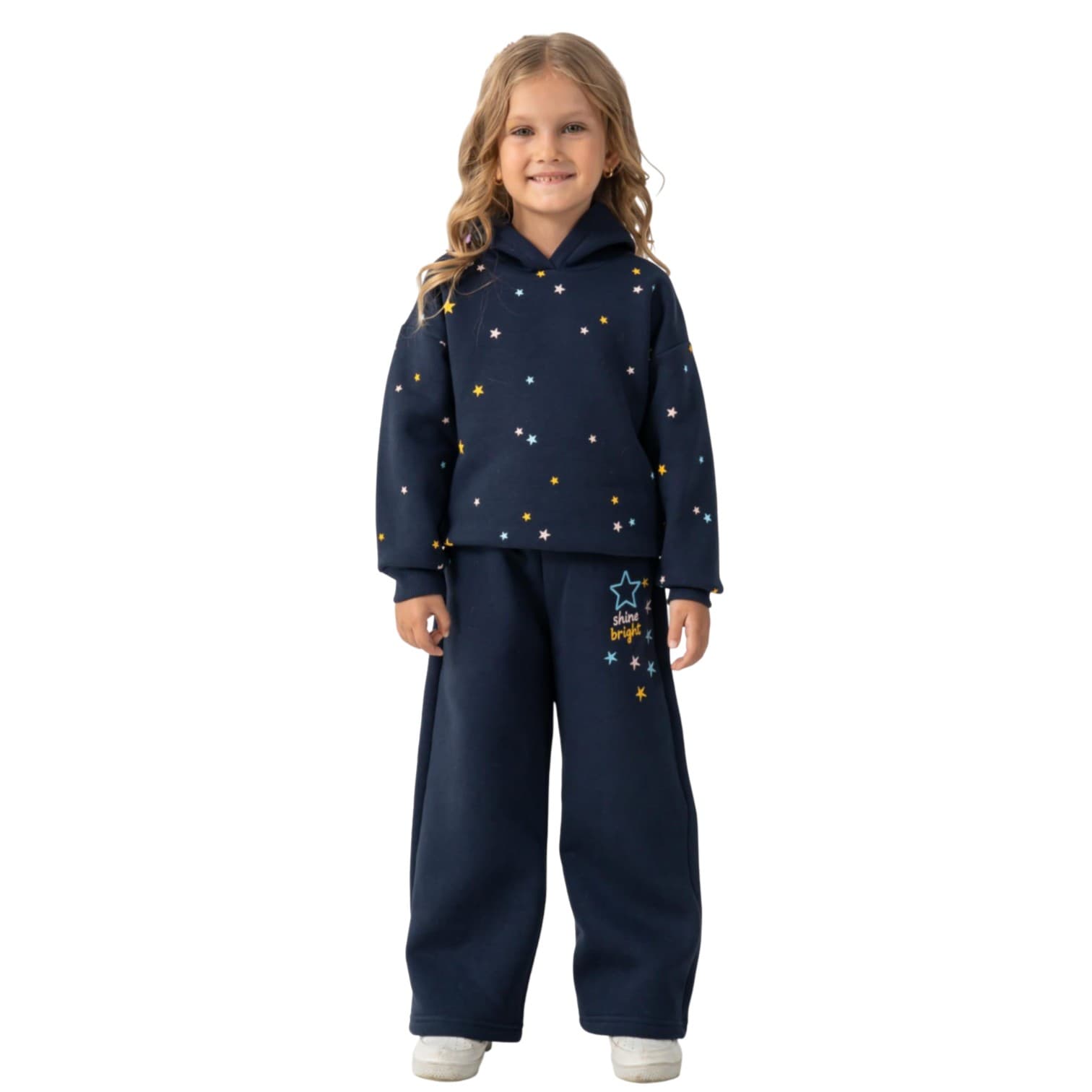 Yıldız Desenli Kapüşonlu Polar Sweatshirt ve Bol Paça Pantolonlu 2'li Kız Çocuk Polar Takım