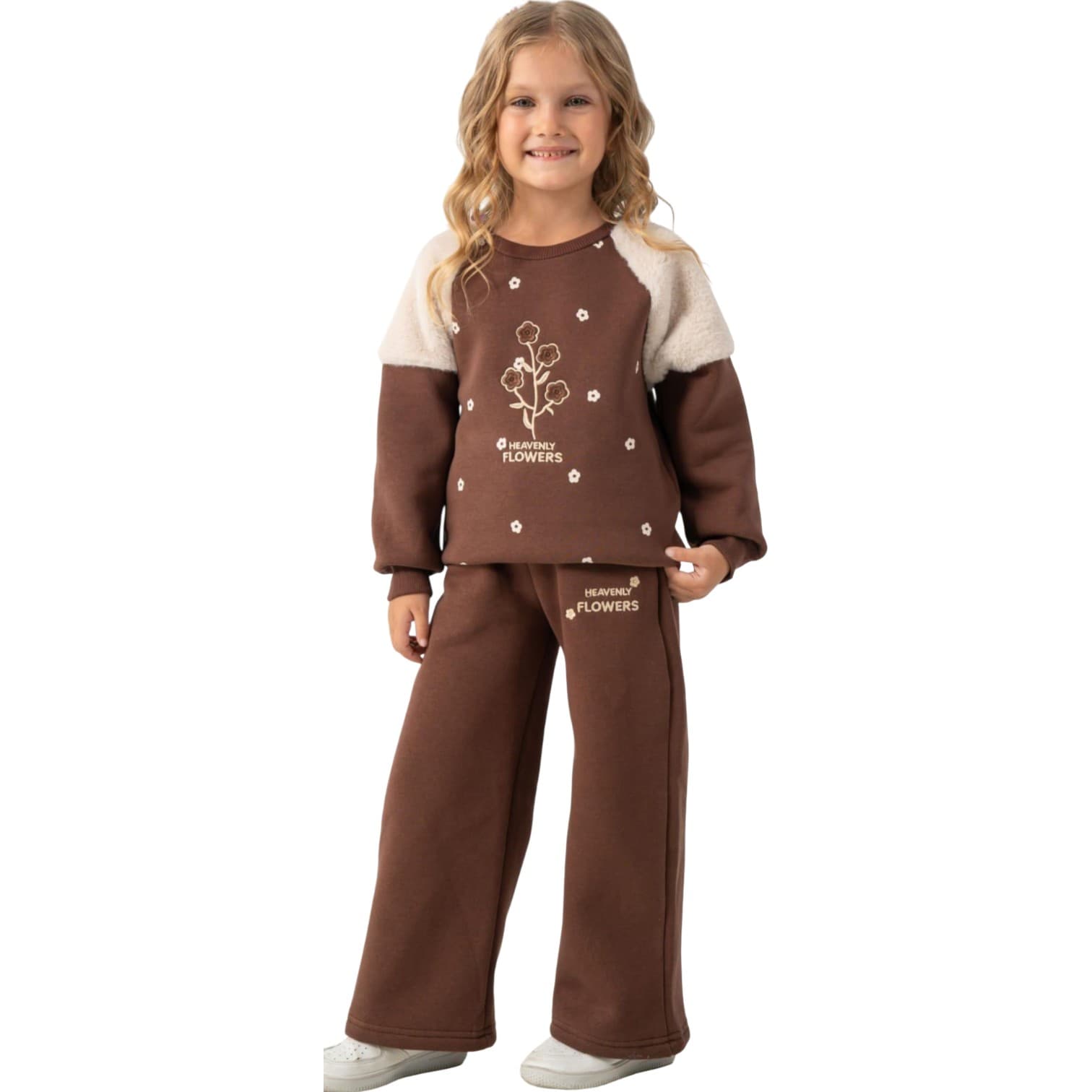 Çiçek Baskılı Peluş Omuz Detaylı Polar Sweatshirt ve Bol Paça Pantolonlu 2'li Kız Çocuk Polar Takım