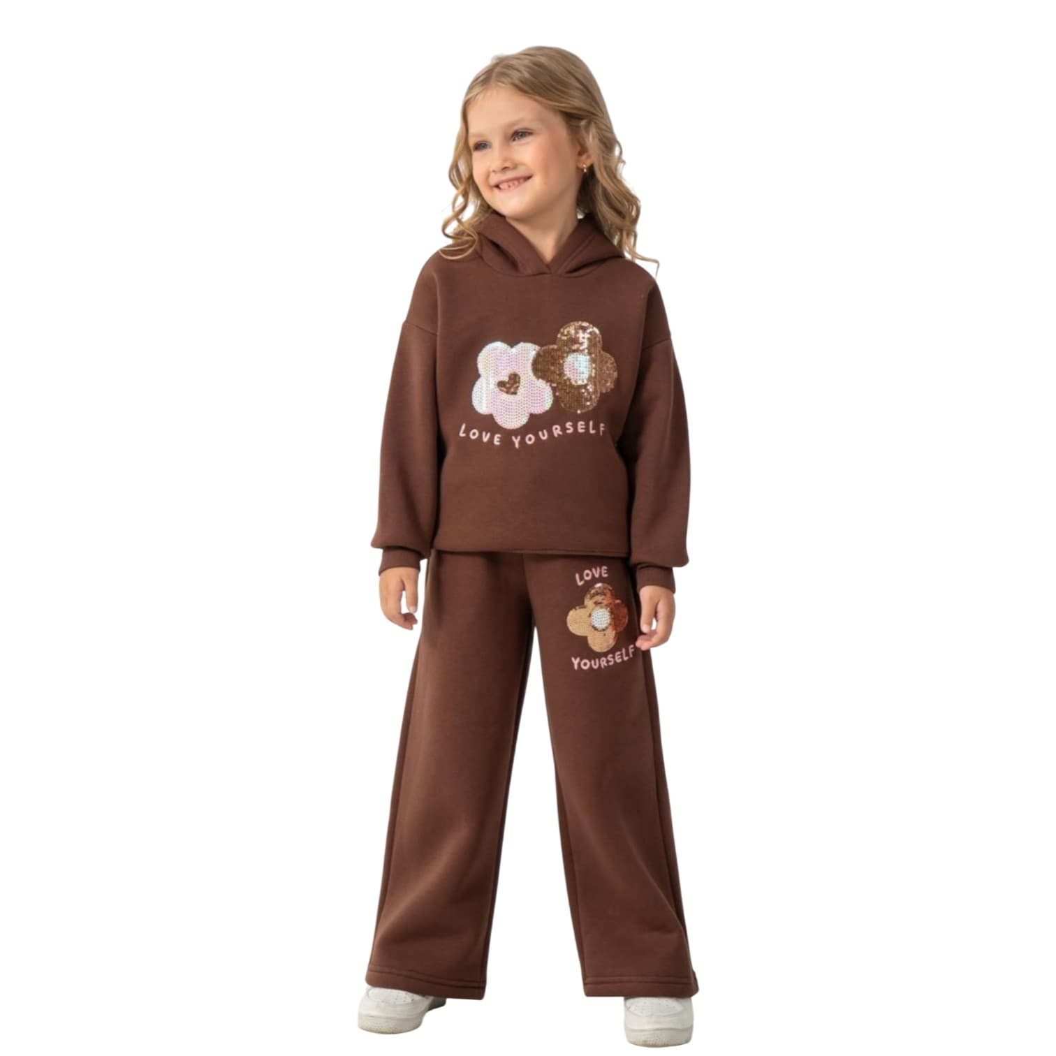 Pullu Çiçek Aplikeli Kapüşonlu Polar Sweatshirt ve Bol Paça Pantolonlu 2'li Kız Çocuk Polar Takım