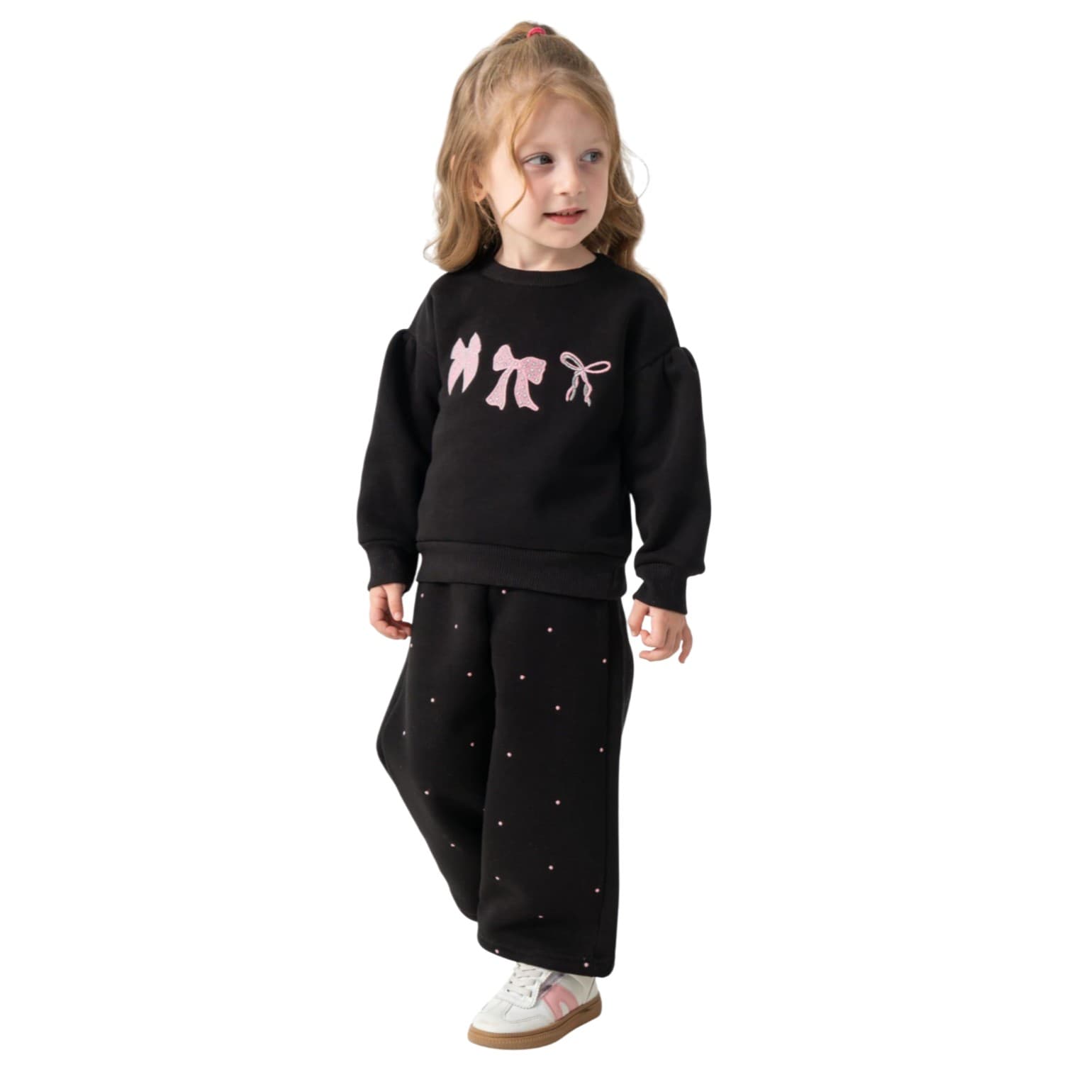 Kurdele Baskılı Polar Sweatshirt ve Benekli İspanyol Paçalı Pantolonlu 2'li Kız Çocuk Polar Takım