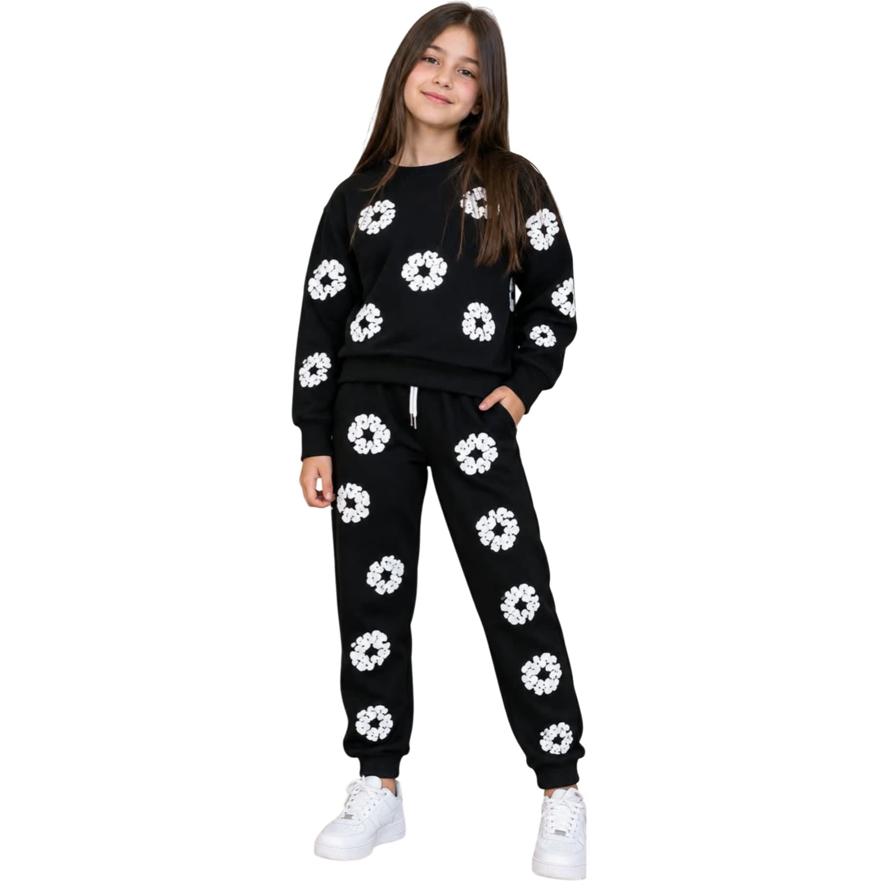 İçi Şardonlu Papatya Baskılı Sweatshirt ve Eşofman Altlı 2'li Kız Çocuk Takım