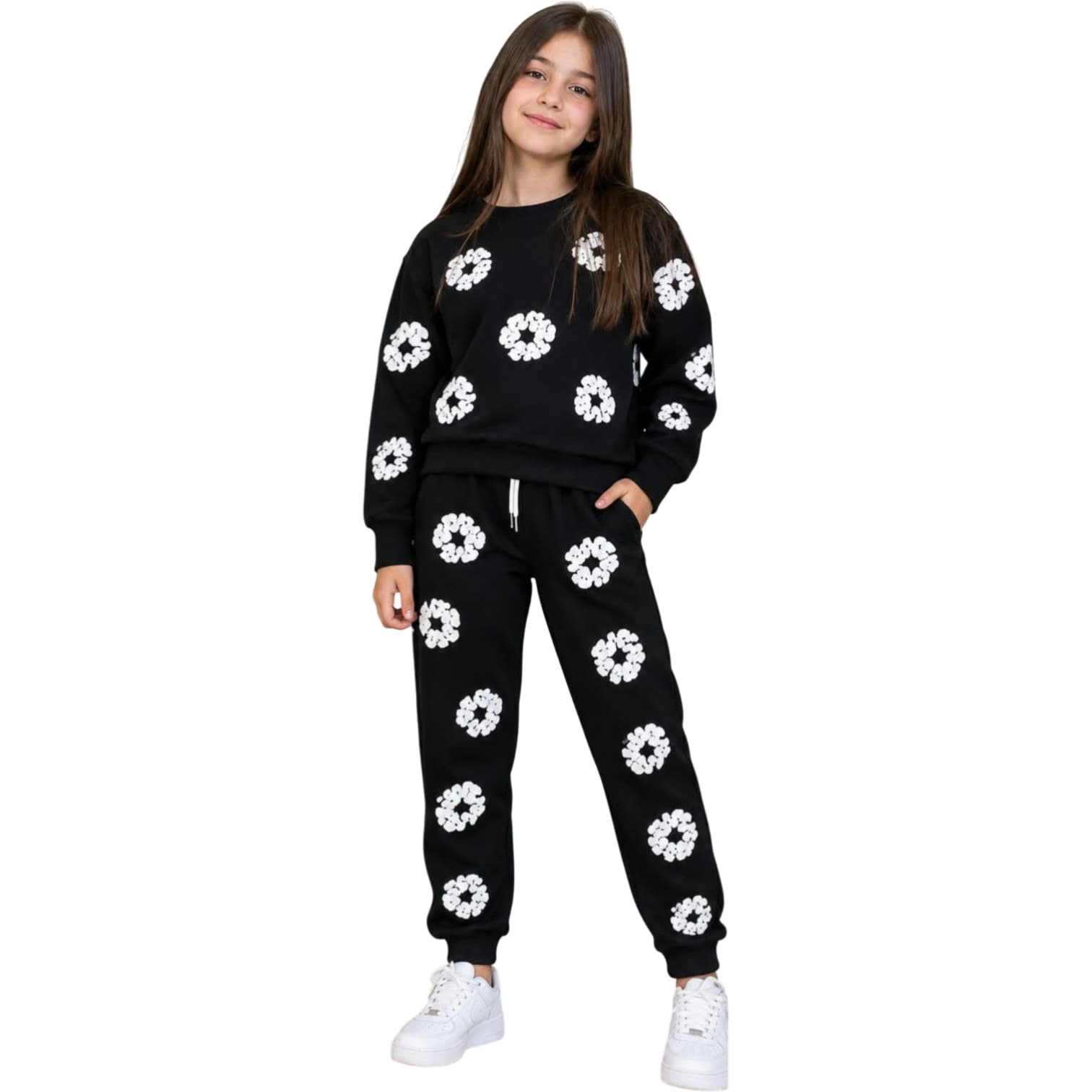 İçi Şardonlu Papatya Baskılı Sweatshirt ve Eşofman Altlı 2'li Kız Çocuk Takım