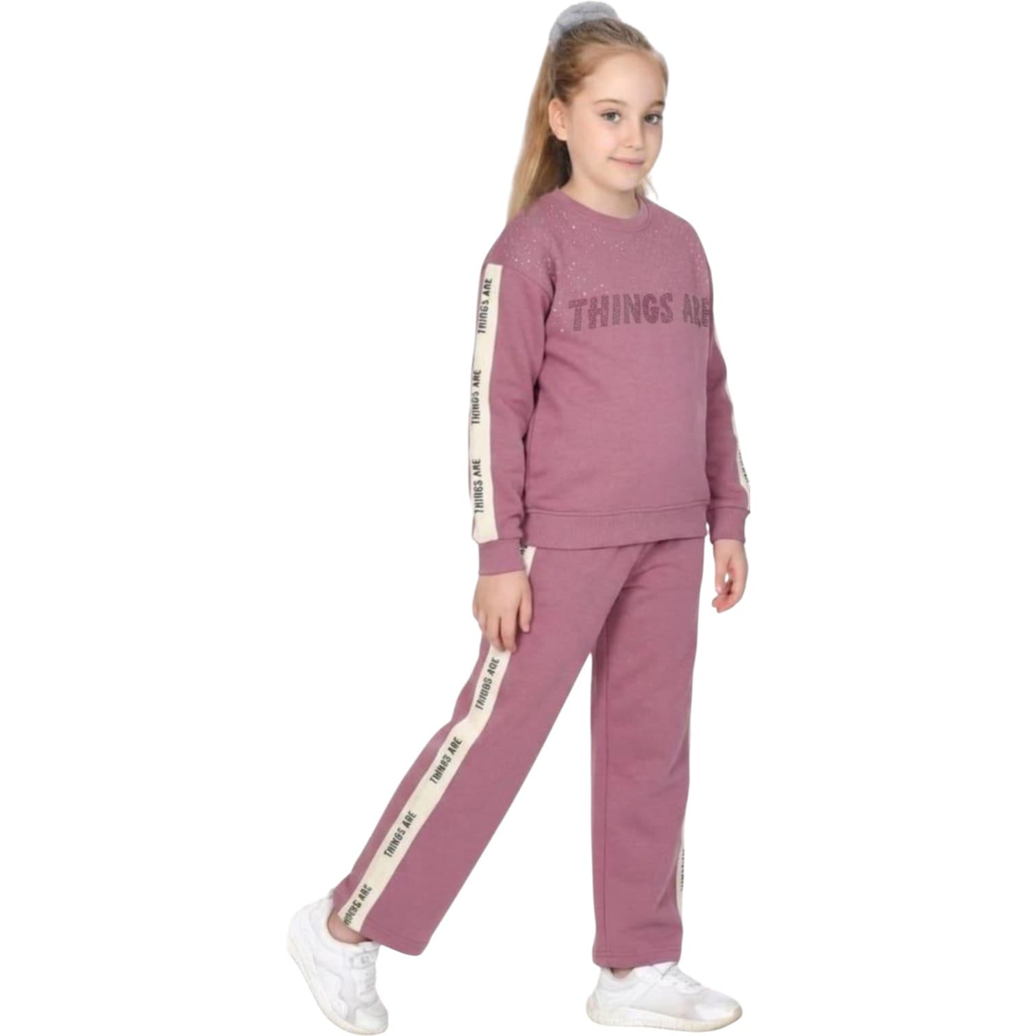 İçi Şardonlu Yan Şeritli Sim Baskılı Sweatshirt ve İspanyol Paça Eşofman Altlı 2'li Kız Çocuk Takım
