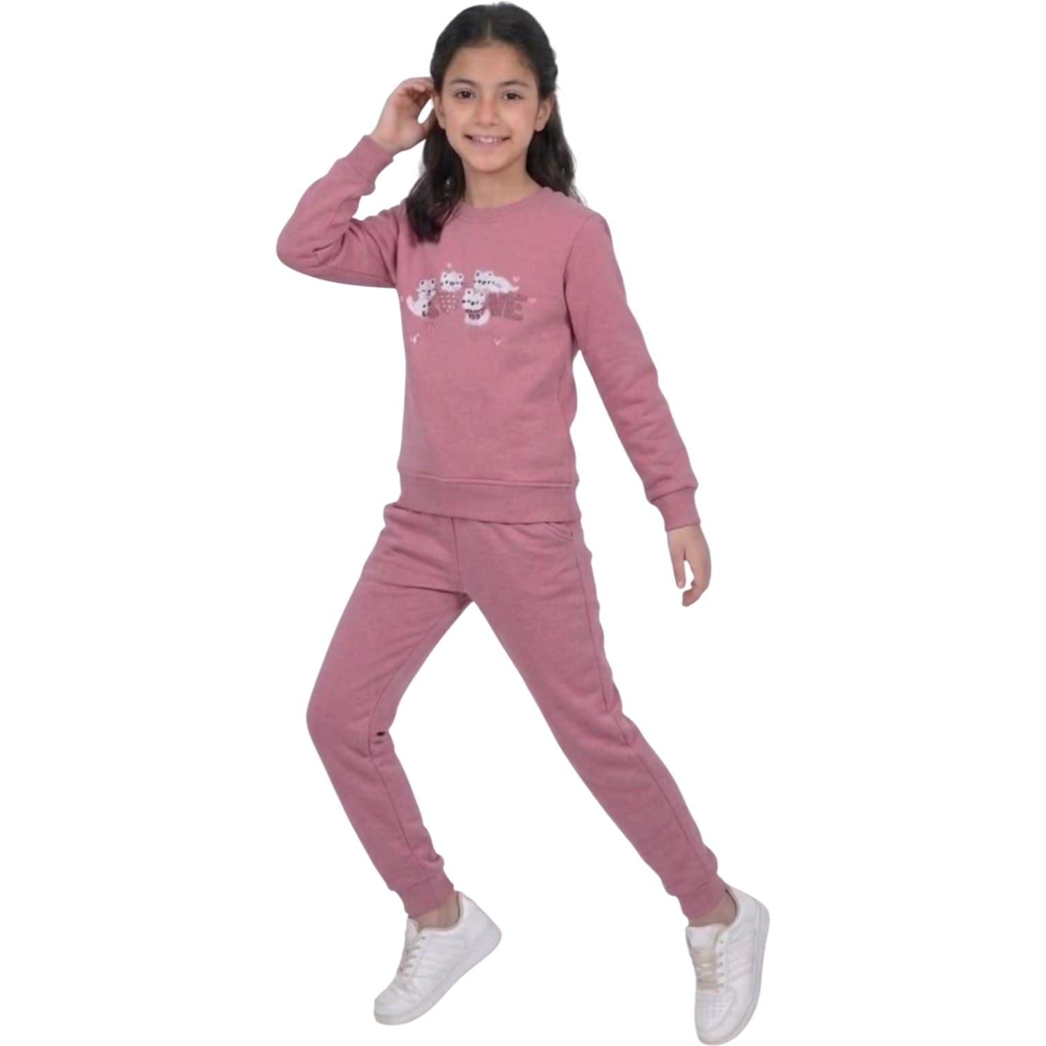 Kedi Figür Baskılı Sweatshirt ve Eşofman Altlı 2'li Kız Çocuk Takım