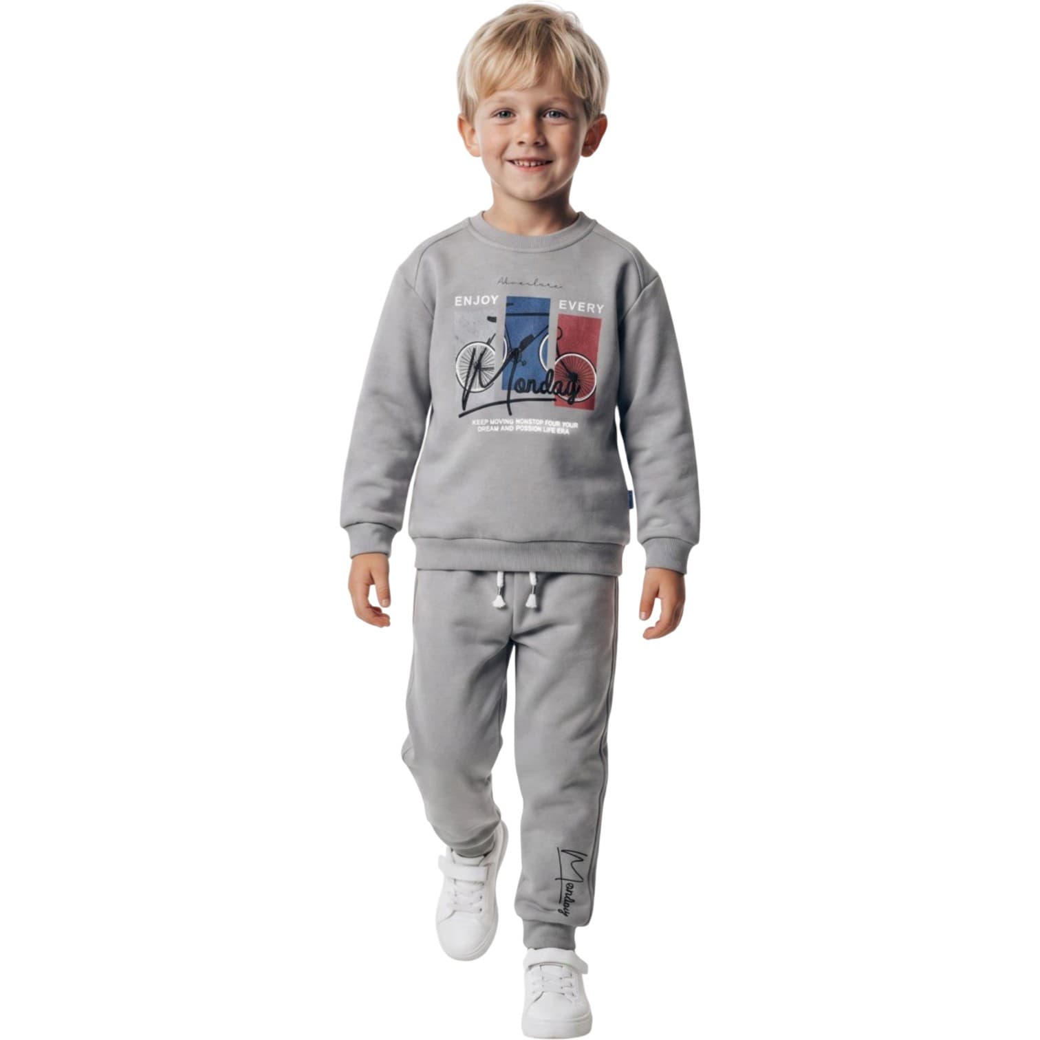 İçi Şardonlu Bisiklet Grafiği ve Yazı Baskılı Sweatshirt ile Eşofman Altlı 2'li Erkek Çocuk Takım