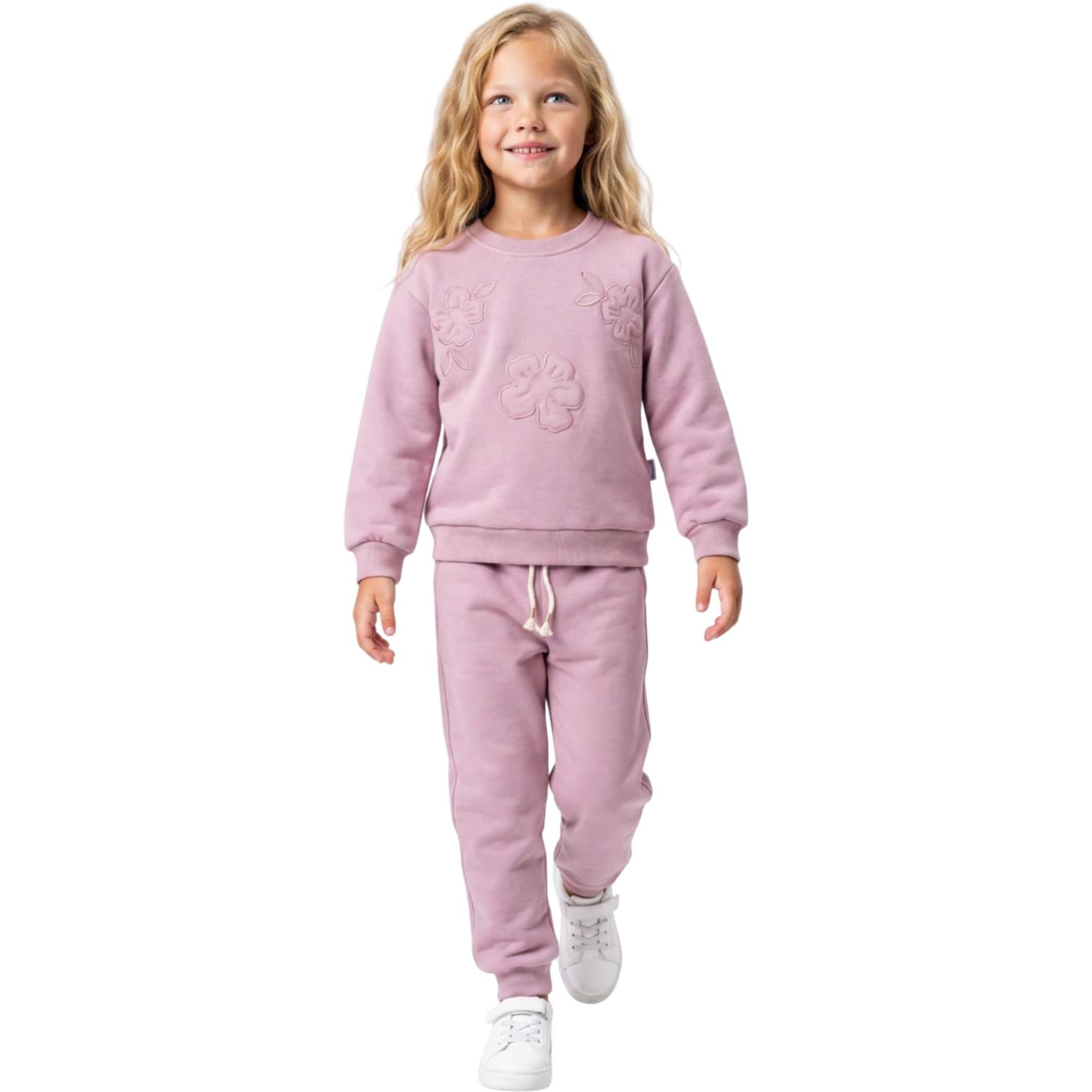 İçi Şardonlu Kabartma Çiçek Nakışlı Sweatshirt ve Eşofman Altlı 2'li Kız Çocuk Takım