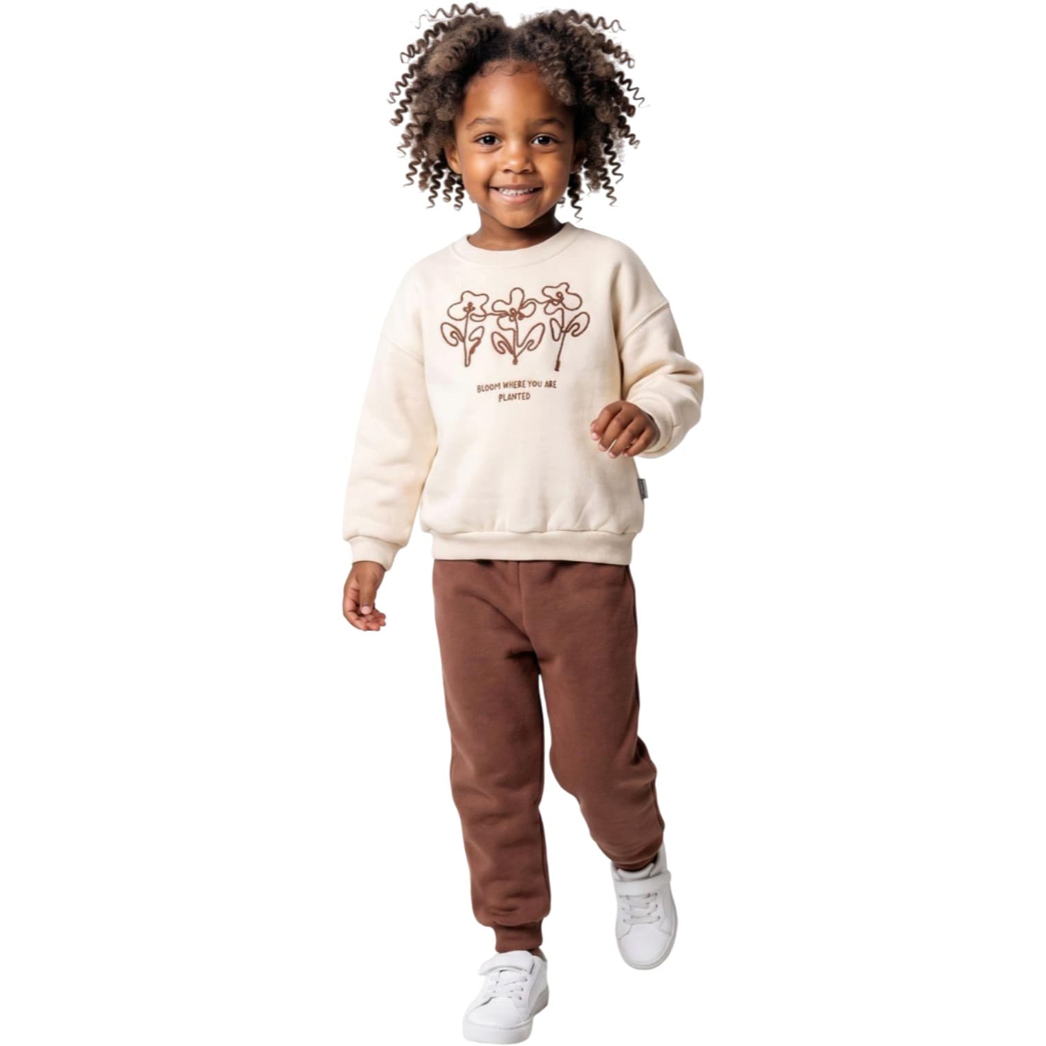 İçi Şardonlu Çiçek Çizim Baskılı Sweatshirt ve Eşofman Altlı 2'li Kız Çocuk Takım