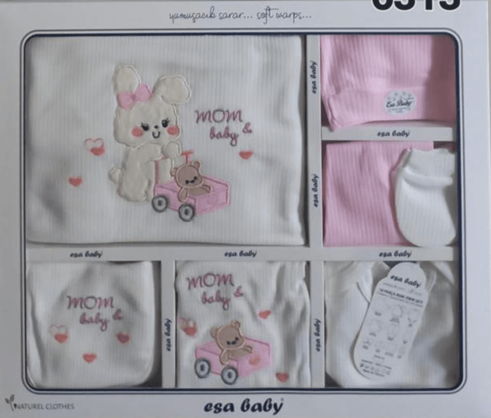 Fiyonklu Tavşan ve Oyuncak Araba Nakış İşlemeli Mom & Baby 10 Parça Hastane Çıkışı Bebek Zıbın Seti