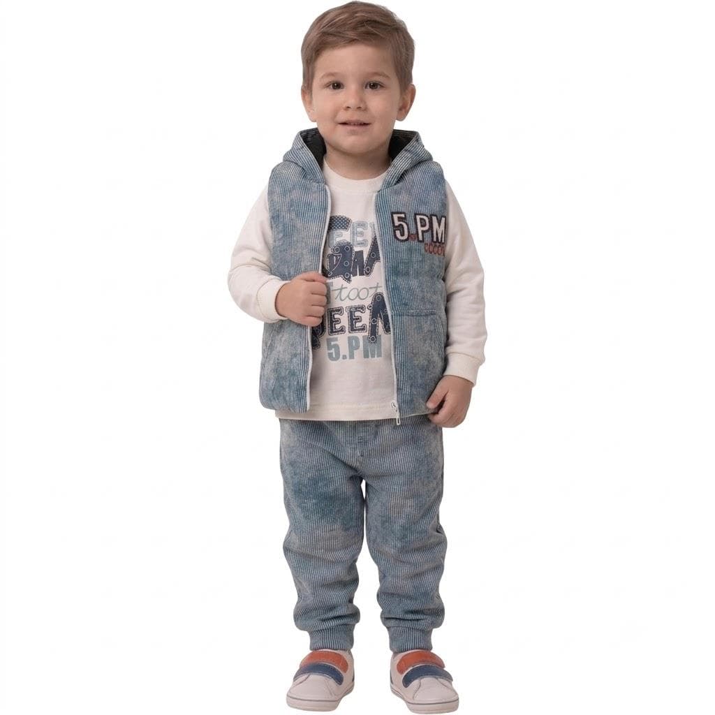 6496 toptan erkek çocuk giyim seti (kapüşonlu yelek, pantolon, baskılı uzun kollu tişört) 3-4-5 yaş arası çocuklar için