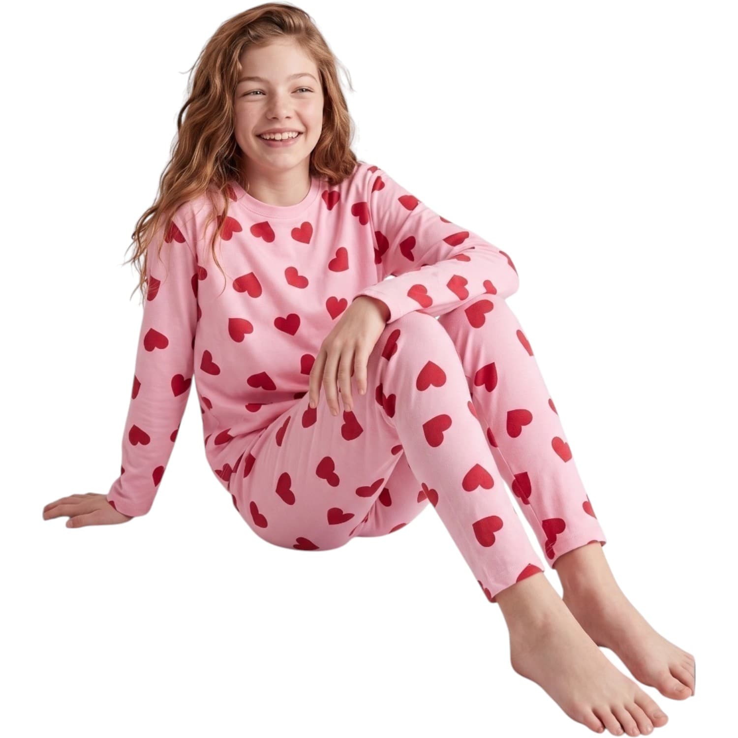 Pembe Kırmızı Kalp Baskılı Uzun Kollu Pamuklu Kız Çocuk Pijama Takımı
